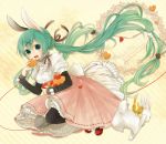  bunny bunny_ears bunny_tail dress green_eyes green_hair hatsune_miku heart highres long_hair nemutagari open_mouth pantyhose petticoat rabbit red_string slip_skirt squatting string tail twintails very_long_hair vocaloid 
