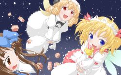  3girls black_bow blonde_hair blue_bow blue_eyes blunt_bangs bow bowtie brown_eyes brown_hair dress drill_hair fairy fairy_wings flying gift hair_bow hat highres holding holding_sack luna_child multiple_girls natsu_no_koucha night red_eyes revision sack star_sapphire sunny_milk touhou white_headdress wings 