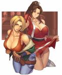  bare_shoulders belt beltskirt blonde_hair blue_mary breasts cleavage fatal_fury ibanen jeans king_of_fighters leaning_forward lipstick long_hair mai_shiranui multiple_girls ponytail shiranui_mai skirt skirt_lift snk 