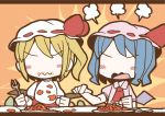  2girls adomi blonde_hair blue_hair comic flandre_scarlet food fork hat hat_ribbon millipen_(medium) multiple_girls open_mouth remilia_scarlet ribbon siblings sisters spilling touhou traditional_media 