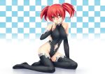  absurdres bare_shoulders boots breasts bridal_gauntlets brown_eyes checkered checkered_background eating highleg highres hips impossible_clothes impossible_clothing leotard mouth_hold navel navel_cutout original red_hair redhead short_hair side_cutout sitting solo thigh-highs thigh_boots thighhighs tsuki_to_kage tsuki_tokage twintails yokozuwari 