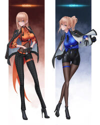 2girls ankle_boots aqua_eyes belt black_footwear black_gloves black_pantyhose blonde_hair blue_shirt blush boots collared_shirt dindsau ear_piercing full_body girls_frontline gloves hair_between_eyes hair_ornament hairclip harness high_heel_boots high_heels high_ponytail highres jacket long_hair long_sleeves looking_at_viewer multiple_girls open_clothes open_jacket orange_shirt pants pantyhose piercing scar-h_(girls'_frontline) scar-l_(girls'_frontline) shirt shorts sidelocks simple_background thigh_strap tight_clothes tight_pants 