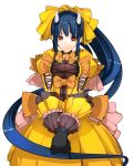  breasts cleavage demon_girl dress gloves horns long_hair original ponytail pupps red_eyes see-through solo succubus very_long_hair yellow_dress 