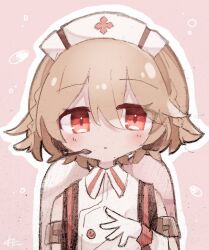  1girl blonde_hair braid buttons closed_mouth double-parted_bangs frown gloves hair_between_eyes hat headset highres kotone0121 long_sleeves no_nose nurse nurse_cap nurse_robot_type_t outline pink_background red_eyes short_hair side_braids solo tank_(container) upper_body utau white_gloves white_hat white_outline 