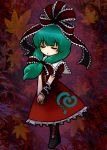  bad_id boots bow closed_eyes dress eyes_closed green_hair hair_bow hair_ribbon kagiyama_hina leaf rashime_emisa rasime ribbon solo touhou 