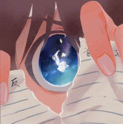  1girl bandaid bandaid_on_face bandaid_on_forehead blue_eyes brown_hair close-up commentary_request eye_reflection girls_band_cry highres iseri_nina looking_at_viewer reflection solo sworgun tearing_paper 