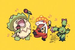  :d claws closed_eyes commentary_request crocalor dancing instrument leg_up ludicolo maracas maractus musical_note no_humans open_mouth pokemon pokemon_(creature) sagemaru-br smile teeth tongue u_u yellow_background 