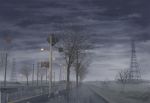  highres isai_shizuka lamppost no_humans original power_lines rain road road_sign scenery sign tree 
