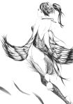  bare_shoulders barefoot copyright_request feathers flower from_behind hair_flower hair_ornament jewelry long_hair looking_back monochrome necklace open_mouth ponytail sawasawa solo thigh-highs thighhighs wings 