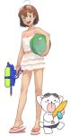  :p ball banana beachball bracelet brown_hair food fruit goggles ishikawa_hideki jewelry legs navel open_mouth original sandals short_hair simple_background solo standing swimsuit tongue water_gun 