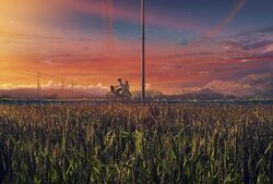  bicycle cloud clouds field highres isai_shizuka original power_lines scenery sky 