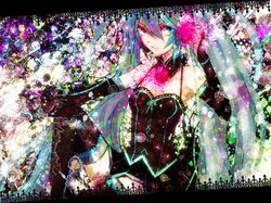  abstract aqua_eyes aqua_hair bad_id bridal_gauntlets hand_on_headphones hatsune_miku headphones long_hair sazanami_shione shio_(pixiv1167246) sitting skirt solo thigh-highs thighhighs twintails very_long_hair vocaloid 