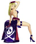  bare_back belt blonde_hair bonne_jenet dress fingerless_gloves gloves high_heels king_of_fighters legs looking_back mark_of_the_wolves senno_aki shoes simple_background skull_and_crossbones smile snk solo thigh_strap tonko(snk) wink 