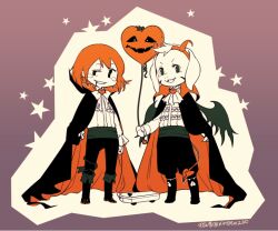 1boy 1other 2016 2d alternate_costume ambiguous_gender anthro artist_name ascot asriel_dreemurr balloon boots cape chara_(undertale) child cosplay demon_tail digital_media duo fake_wings fangs floppy_ears fur furry furry_male goat goat_boy goat_ears halloween happy_halloween holding holding_balloon horn_hairband horns human ko-on_(ningen_zoo) male mammal monster monster_boy short_hair simple_background star_(symbol) tail undertale vampire_costume wings