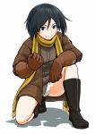  1girl bandaid black_hair blue_eyes blush_stickers boots clenched_hand gloves grin kanno_naoe kneeling leather_jacket military_jacket panties rikizo scarf shadow short_hair smile solo strike_witches underwear white_background white_panties 