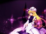  bad_id blonde_hair bow closed_fan colored_eyelashes dress eyelashes fan folding_fan gap hat hat_ribbon highres light_smile long_hair magic purple_eyes ribbon saberiii solo touhou violet_eyes yakumo_yukari 