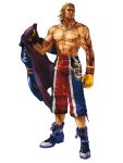 1boy blonde_hair boots boxing_gloves closed_mouth full_body highres jacket jacket_removed jewelry kawano_takuji long_shorts looking_away looking_to_the_side male muscle namco necklace official_art scar scar_on_arm shirtless shorts simple_background solo sportswear standing steve_fox tekken tekken_4 white_background