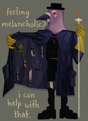  1other beak bird black_footwear black_hat black_shirt black_shorts blue_coat blue_flower boots coat commentary cross cross_necklace english_commentary english_text feathers film_grain flower frog full_body furry gloves gold_necklace grey_background hat highres holding holding_coat holding_scepter holding_unworn_clothes horror_(theme) jewelry knife looking_at_viewer necklace open_clothes open_coat orange_eyes original pigeon plague_doctor purple_feathers quezify rubber_gloves scalpel scepter shirt shorts simple_background solo standing syringe 