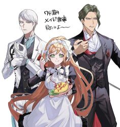  1girl 2boys absurdres adjusting_clothes adjusting_gloves alternate_costume black_dress black_jacket black_vest breasts brown_hair butler closed_mouth collared_shirt cowboy_shot danganronpa_(series) danganronpa_3_(anime) dress enmaided food gloves grey_hair hand_up highres holding holding_food jacket juliet_sleeves ketchup_bottle large_breasts long_hair long_sleeves maid maid_headdress monocle multiple_boys munakata_kyousuke necktie pants puffy_sleeves red_necktie sakakura_juuzou shirt short_hair smile teeth translation_request vest white_gloves white_jacket white_pants yukizome_chisa zetsubou414 