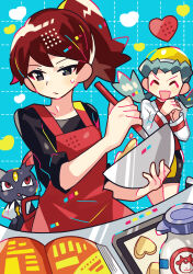 1boy 1girl :/ :d ^_^ anidler91 apron baking_sheet batter black_eyes black_shorts blue_background blue_hair book bottle bowl closed_eyes closed_mouth cropped_jacket grid_background hands_up hat heart highres holding holding_bowl jacket kris_(pokemon) long_hair long_sleeves milk_bottle moomoo_milk open_book open_clothes open_jacket own_hands_together pokemon pokemon_(creature) pokemon_gsc ponytail red_apron red_shirt redhead shirt shorts silver_(pokemon) smile sneasel stirring twintails two-tone_shorts uneven_eyes v-shaped_eyebrows white_jacket yellow_hat yellow_shorts 