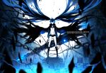  bikini_top black_hair black_rock_shooter black_rock_shooter_(character) blue_eyes boots chain chains cloak front-tie_top glowing glowing_eyes long_hair long_sleeves myhilary scar short_shorts shorts solo star twintails very_long_hair 