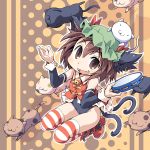  alternate_costume animal_ears bell brown_eyes brown_hair cat cat_ears cat_tail chen earrings fangs ham_(artist) ham_(points) hat instrument jewelry no_pants short_hair solo striped striped_legwear striped_thighhighs tail tambourine thigh-highs thighhighs too_many_cats touhou 