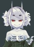  cleavage demon_girl detached_sleeves hikimayu horns mota original pointy_ears red_eyes ribs see-through simple_background sketch smile solo white_hair white_skin x-ray 