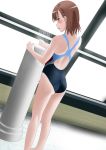  blush brown_eyes brown_hair competition_swimsuit highres kneepits looking_back misaka_mikoto one-piece_swimsuit shower sooma_(t000) swimsuit to_aru_kagaku_no_railgun to_aru_majutsu_no_index 