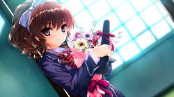  blush brown_hair flower hair_ribbon hanamiya_nagisa kuroya_shinobu long_hair ribbon school_uniform solo ushinawareta_mirai_wo_motomete window 