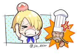  &gt;_&lt; 2boys anger_vein angry blonde_hair blue_neckerchief blush braided_mustache chef chef_hat chibi chibi_only clenched_hand closed_eyes curly_eyebrows facial_hair goatee hat head_bump jin_akhr male_focus multiple_boys mustache neckerchief one_piece red-leg_zeff sanji_(one_piece) shirt short_hair tears twitter_username white_shirt 
