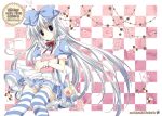  alice_in_wonderland blue_eyes blue_hair book bow candy card cards checkered falling_card floating_card hair_bow highres korie_riko long_hair pink_card pocket_watch striped striped_legwear striped_thighhighs thigh-highs thighhighs very_long_hair watch 