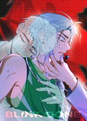  3boys alien_stage aqua_eyes black_tank_top colored_extremities commentary english_commentary ghost green_tank_top grey_hair hand_on_another's_face headset highres hug hug_from_behind ivan_(alien_stage) jewelry joikzo layered_clothes luka_(alien_stage) male_focus multiple_boys open_mouth out_of_frame red_background ring see-through_tank_top shirt short_hair silver_choker song_name stethoscope tank_top thumb_ring till_(alien_stage) upper_body very_short_hair white_shirt 
