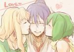  1boy 2girls blonde_hair blue_hair blush cheek_kiss closed_eyes double_cheek_kiss earrings eyes_closed green_hair harem heart jewelry kiss lips long_hair love macross macross_frontier male multiple_girls necktie ranka_lee saotome_alto scarf sheryl_nome short_hair single_earring smile yuzumame 