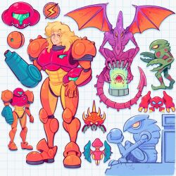  1girl alien arm_cannon armor assault_visor blonde_hair cartoonized claws commentary encasement english_commentary green_visor gun helmet highres holding holding_helmet long_hair looking_at_viewer metroid metroid_(creature) monster morph_ball mostlyghostly power_armor power_suit power_suit_(metroid) ridley samus_aran sharp_teeth space_pirate_(metroid) standing tank_(container) teeth toon_(style) varia_suit weapon wings zebesian 