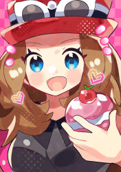  1girl :d anidler91 black_shirt blue_eyes breasts checkered_background collared_shirt eyewear_on_headwear food hat heart highres holding holding_food light_brown_hair long_hair looking_at_viewer medium_breasts open_mouth pink_background poke_puff pokemon pokemon_xy red_hat serena_(pokemon) shirt sleeveless sleeveless_shirt smile solo sunglasses white-framed_eyewear 