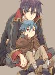  adult age_difference blue_hair brown_background child frown garlock_simon green_eyes kamina kuroemon lowres male multiple_boys red_eyes simon sitting tengen_toppa_gurren-lagann tengen_toppa_gurren_lagann time_paradox 