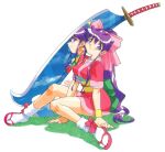  dancing_blade dancing_blade_katteni_momotenshi! hair_bow japanese_clothes kimono long_hair miwa_yoshikazu momohime_(dancing_blade) ponytail purple_eyes purple_hair reflection sandals short_kimono simple_background sitting solo sword violet_eyes weapon yoshizaki_mine yukata 