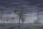  highres isai_shizuka lamppost no_humans original power_lines rain reflection road road_sign scenery sign tree 