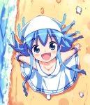  1girl :d beach blue_eyes blue_hair from_above hoshizaki_hikaru ikamusume looking_up open_mouth outstretched_arms shinryaku!_ikamusume smile solo spread_arms 