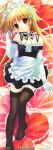  blonde_hair blush bow elbow_gloves gloves headdress highres kore_ga_watashi_no_goshujin-sama legs long_hair lying maid maid_headdress orange_eyes sakurazawa_izumi sawatari_mitsuki smile solo thigh-highs thighhighs 