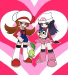  :&lt; beanie blue_hair brown_hair cabbie_hat chikorita hat heart hikari_(pokemon) kotone_(pokemon) multiple_girls overalls panty_&amp;_stocking_with_garterbelt parody piplup pokemon pokemon_(game) pokemon_dppt pokemon_gsc pokemon_hgss sato3 scarf skirt smile style_parody thighhighs twintails 