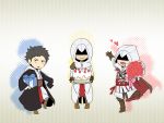  altair_ibn_la-ahad amputee assassin&#039;s_creed assassin&#039;s_creed_ii assassin's_creed assassin's_creed_ii black_hair cake chibi ezio_auditore_da_firenze flower food gift gloves heart hood malik_a-sayf malik_al-sayf mujina_(hook) multiple_boys vambraces 