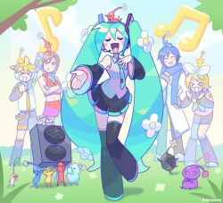 2boys 3girls black_footwear black_skirt blonde_hair blue_hair blue_necktie blue_pikmin boots brown_hair character_request closed_eyes copyright_request denaseey detached_sleeves flower hair_flower hair_ornament hatsune_miku highres ice_pikmin kagamine_len kagamine_rin long_hair long_sleeves multiple_boys multiple_girls musical_note necktie outdoors pikmin_(creature) pikmin_(series) purple_pikmin red_pikmin rock_pikmin short_hair skirt thigh_boots tie_clip tree vocaloid white_pikmin winged_pikmin yellow_pikmin