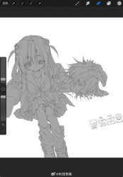  1girl 5boys aoi_(cariiiie) art_program_in_frame chinese_commentary closed_mouth commentary_request dog_boy_(aoi_(cariiiie)) eric_cartman expressionless greyscale highres kenny_mccormick kyle_broflovski long_hair lying mole mole_under_eye monochrome multiple_boys neckerchief on_side original pleated_skirt procreate_(medium) procreate_(software) shorts simple_background sitting skirt socks south_park stan_marsh two_side_up weibo_watermark white_background 