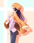  aoi_usagi bakemonogatari black_hair blush cabbie_hat cosplay gokou_ruri hanazawa_kana hat jacket jacket_on_shoulders jeans long_hair mole monogatari_(series) ore_no_imouto_ga_konna_ni_kawaii_wake_ga_nai profile red_eyes seiyuu_connection seiyuu_joke sengoku_nadeko sengoku_nadeko_(cosplay) solo 