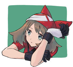  1girl absurdres bandana blue_eyes border brown_hair closed_mouth gloves green_background grey_eyes head_rest highres ittumozzz may_(pokemon) medium_hair outside_border parted_lips pokemon pokemon_rse red_bandana red_shirt shirt short_sleeves solo white_border white_gloves 
