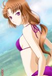 beach bikini brown_hair gundam gundam_unicorn long_hair machinosuke marida_kruz ocean purple_eyes swimsuit violet_eyes 