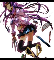  blue_eyes boxcutter eraser kazutano kurosawa_kazuto long_hair monogatari_(series) necktie pencil protractor purple_hair scissors senjougahara_hitagi skirt solo stationery thigh-highs thighhighs tombow_mono zettai_ryouiki 