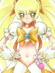  blush cure_sunshine dress hands_on_hips heartcatch_precure! magical_girl midriff myoudouin_itsuki navel orange_dress precure pretty_cure smile solo suzume_(291291) suzume_(pixiv2138484) twintails yellow yellow_eyes 