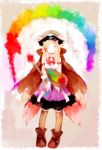  blonde_hair bowtie dahlia_(rune_factory) hat highres pink_background pointy_ears rainbow rainbow_order rune_factory rune_factory_3 solo 